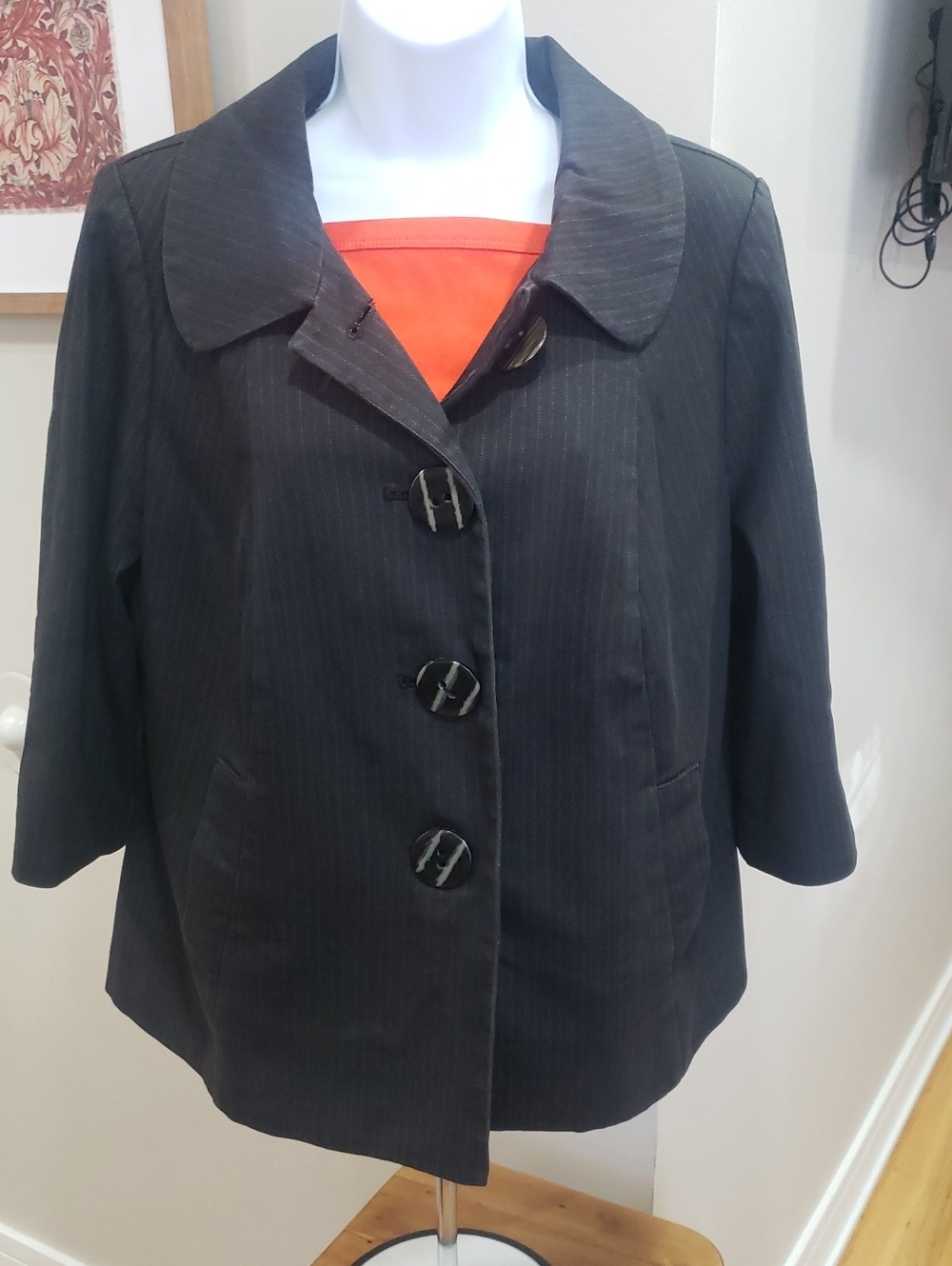 Lane Bryant Black Pinstripe Three-Quarter Blazer with Bold Buttons, Size 14